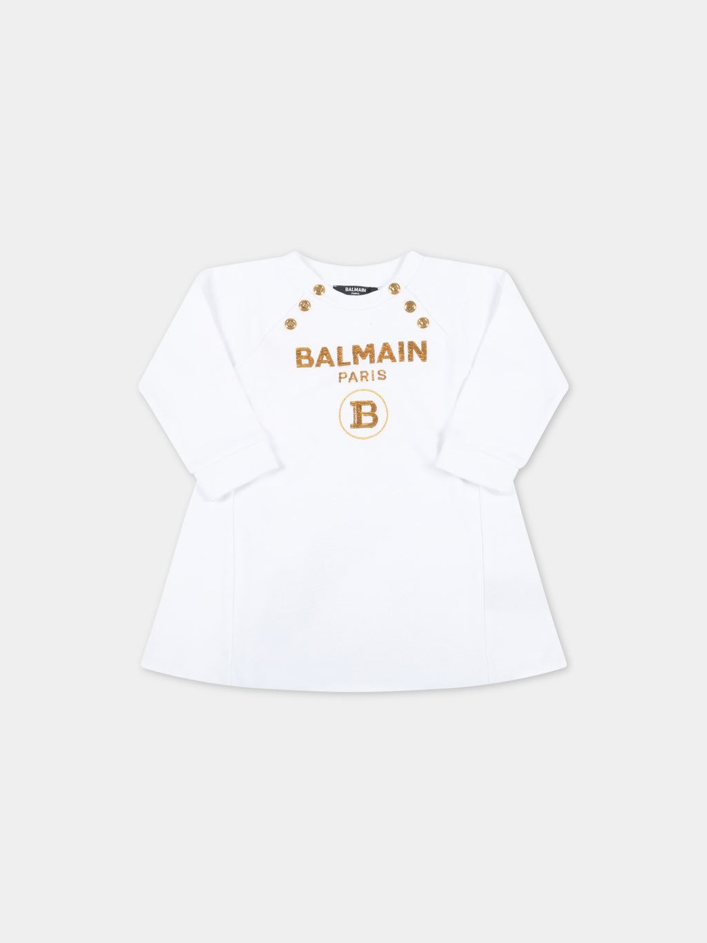 White dress for baby girl with gold logo